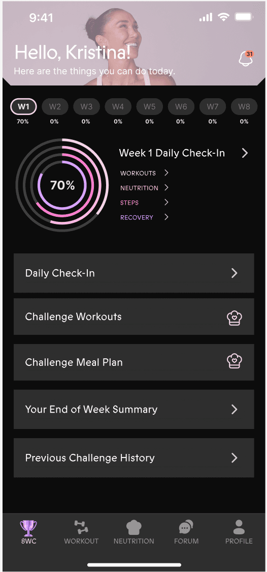 The Neuform app home: a Week 1 daily check-in tracking workouts, nutrition, steps and recovery