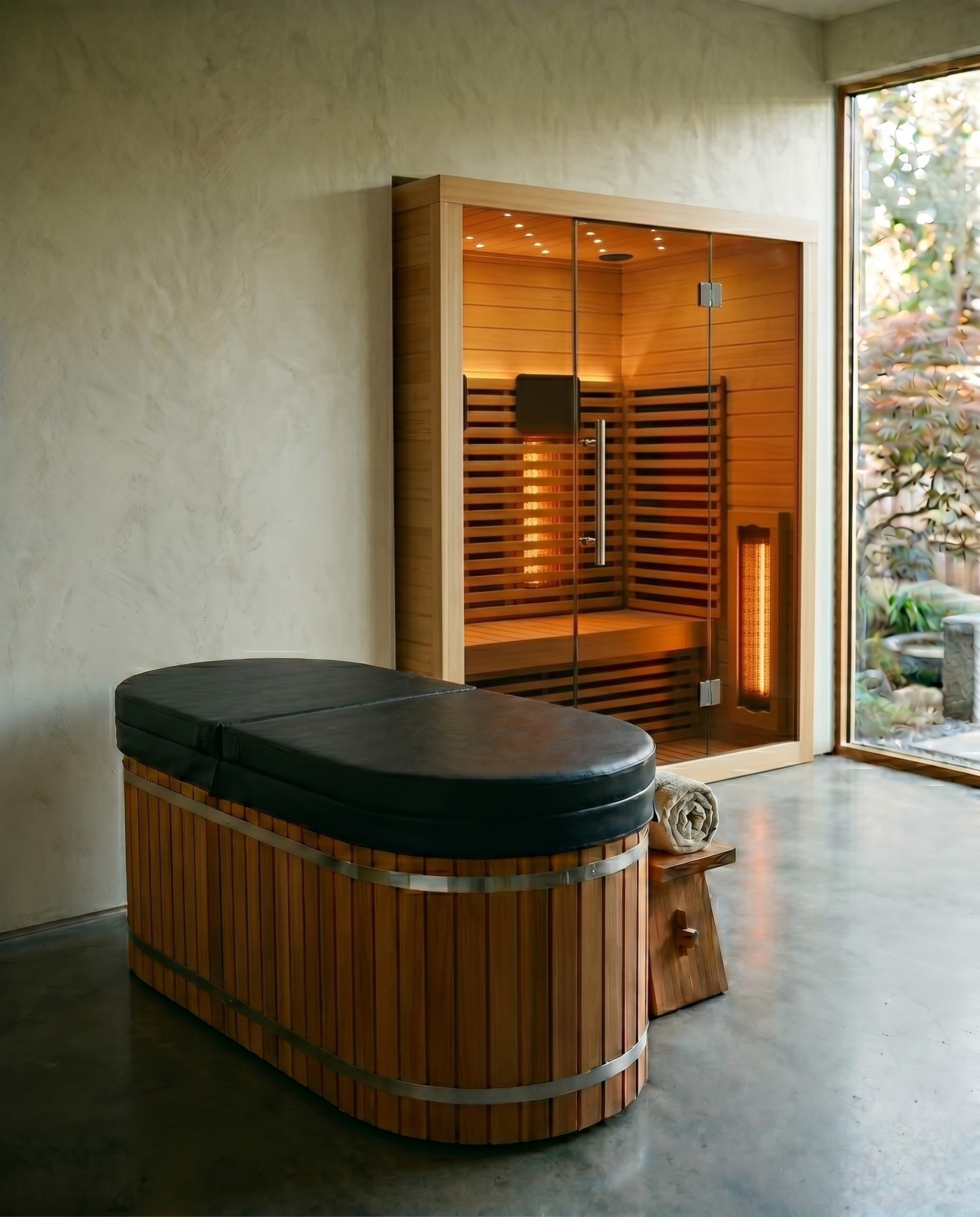 Premium recovery setup: a wooden infrared sauna and ice bath in a serene wellness space